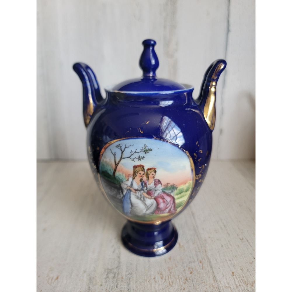Vintage cobalt blue Victorian woman scenic blue vase our tabletop home decor